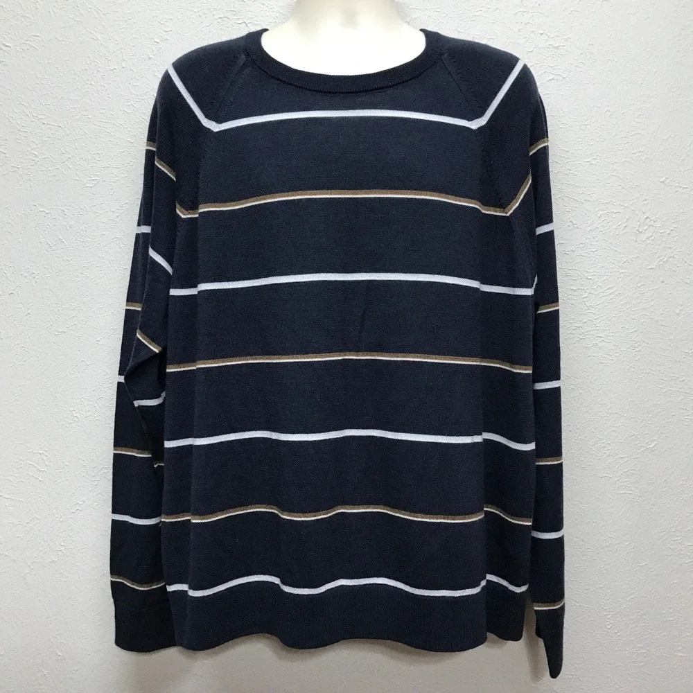Banana Republic Sweater Men XXL Navy Blue Striped 100% Merino Wool Crewneck